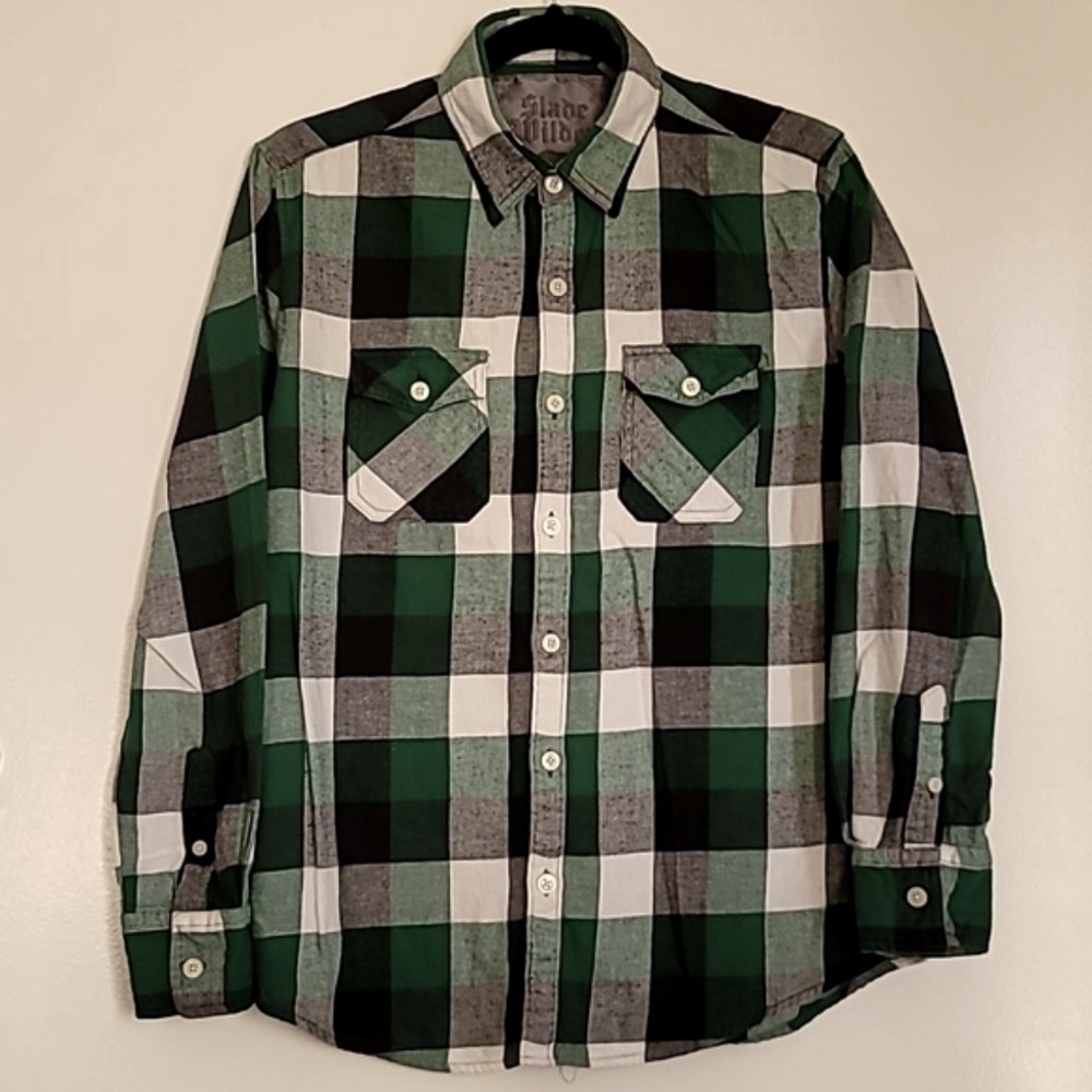 Slade Wilder Shirt Men's Sz M Green Long Sleeve Flannel Plaid Pockets Windowpane